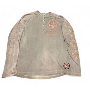 Affliction Mens L Thermal Henley Skull Biker Long Sleeve Distressed Y2K